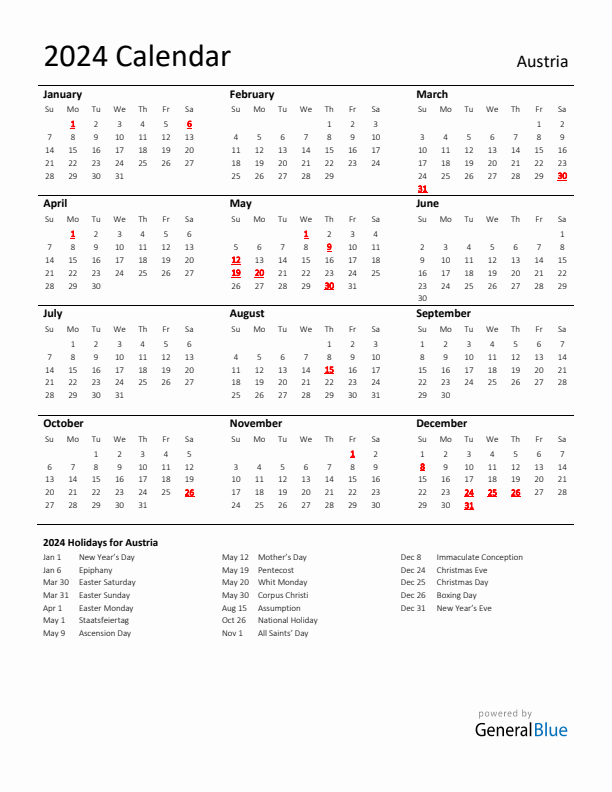 Standard Holiday Calendar for 2024 with Austria Holidays