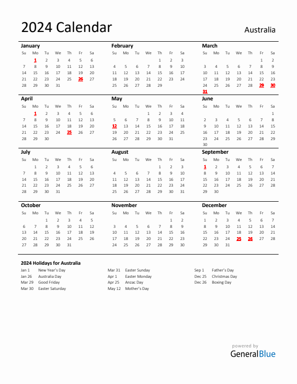 Standard Holiday Calendar for 2024 with Australia Holidays