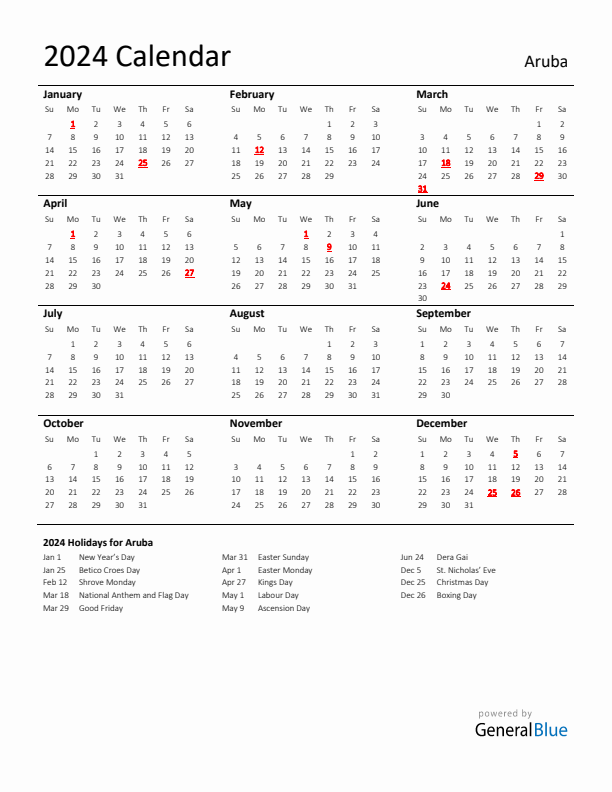 Standard Holiday Calendar for 2024 with Aruba Holidays
