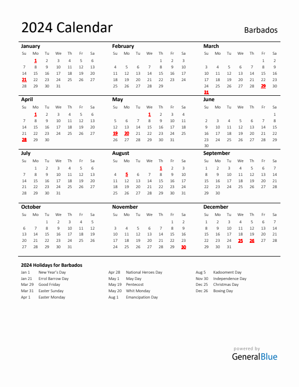 Standard Holiday Calendar for 2024 with Barbados Holidays