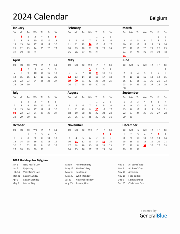 Standard Holiday Calendar for 2024 with Belgium Holidays
