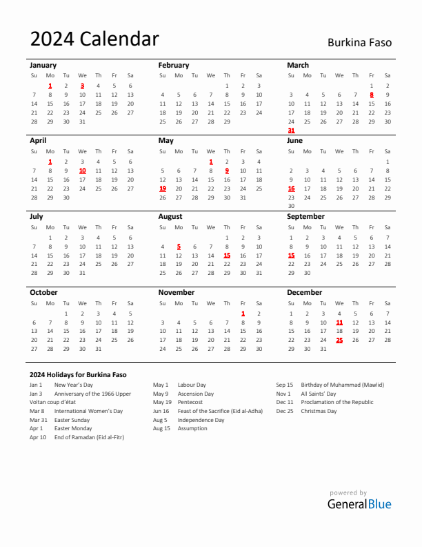 Standard Holiday Calendar for 2024 with Burkina Faso Holidays