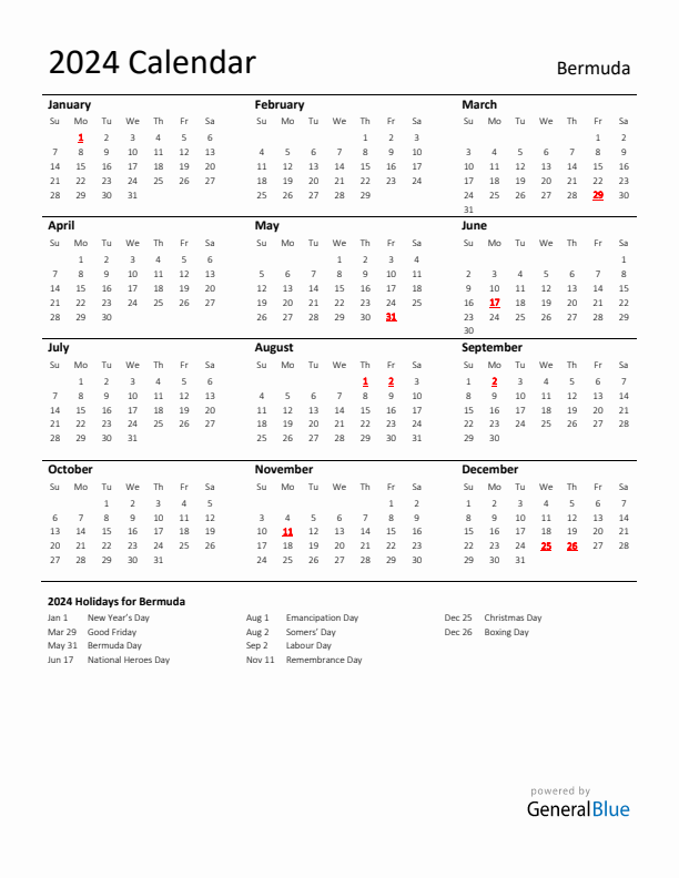 Standard Holiday Calendar for 2024 with Bermuda Holidays