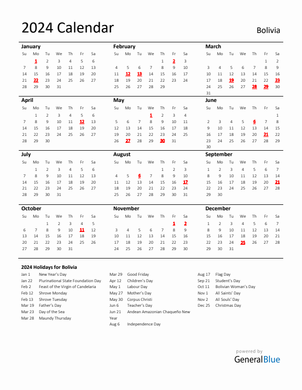 Standard Holiday Calendar for 2024 with Bolivia Holidays