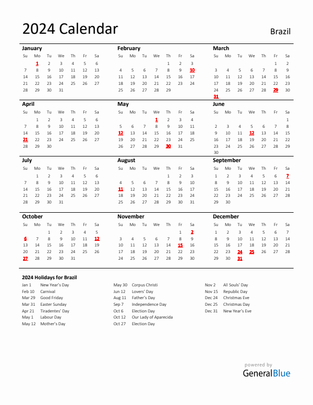 Standard Holiday Calendar for 2024 with Brazil Holidays