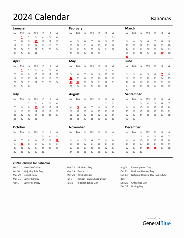 Standard Holiday Calendar for 2024 with Bahamas Holidays