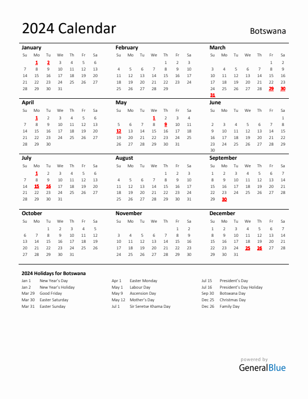 Standard Holiday Calendar for 2024 with Botswana Holidays