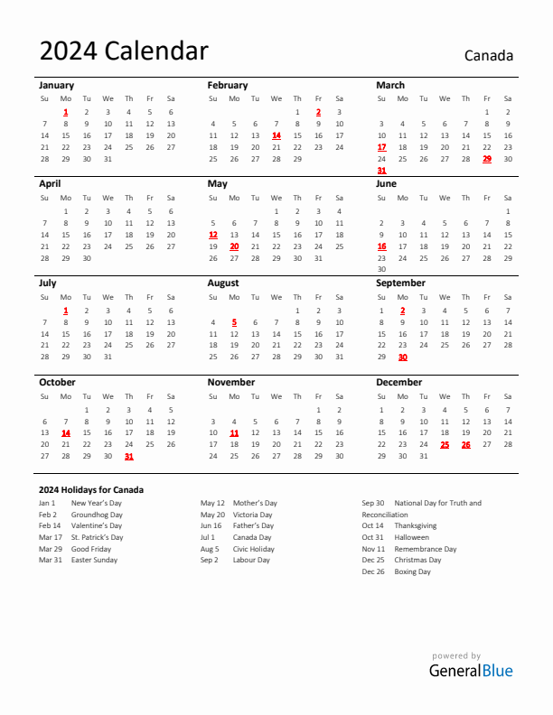 Standard Holiday Calendar for 2024 with Canada Holidays