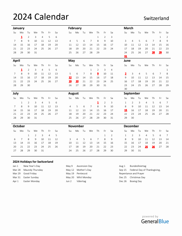 Standard Holiday Calendar for 2024 with Switzerland Holidays