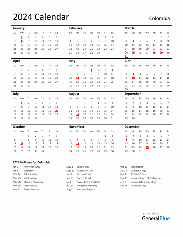 Standard Holiday Calendar for 2024 with Colombia Holidays