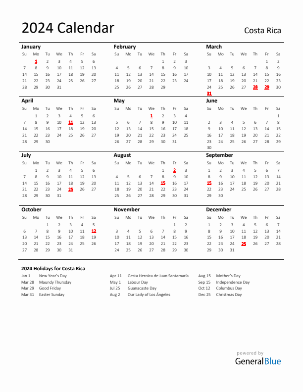 Standard Holiday Calendar for 2024 with Costa Rica Holidays