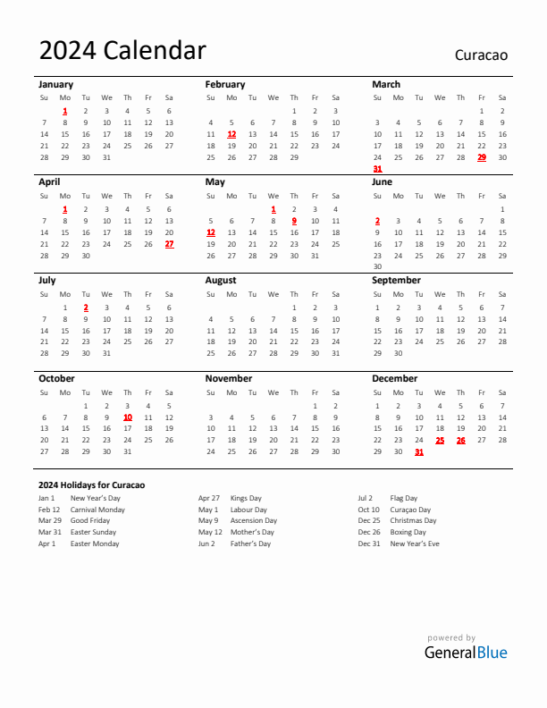 Standard Holiday Calendar for 2024 with Curacao Holidays
