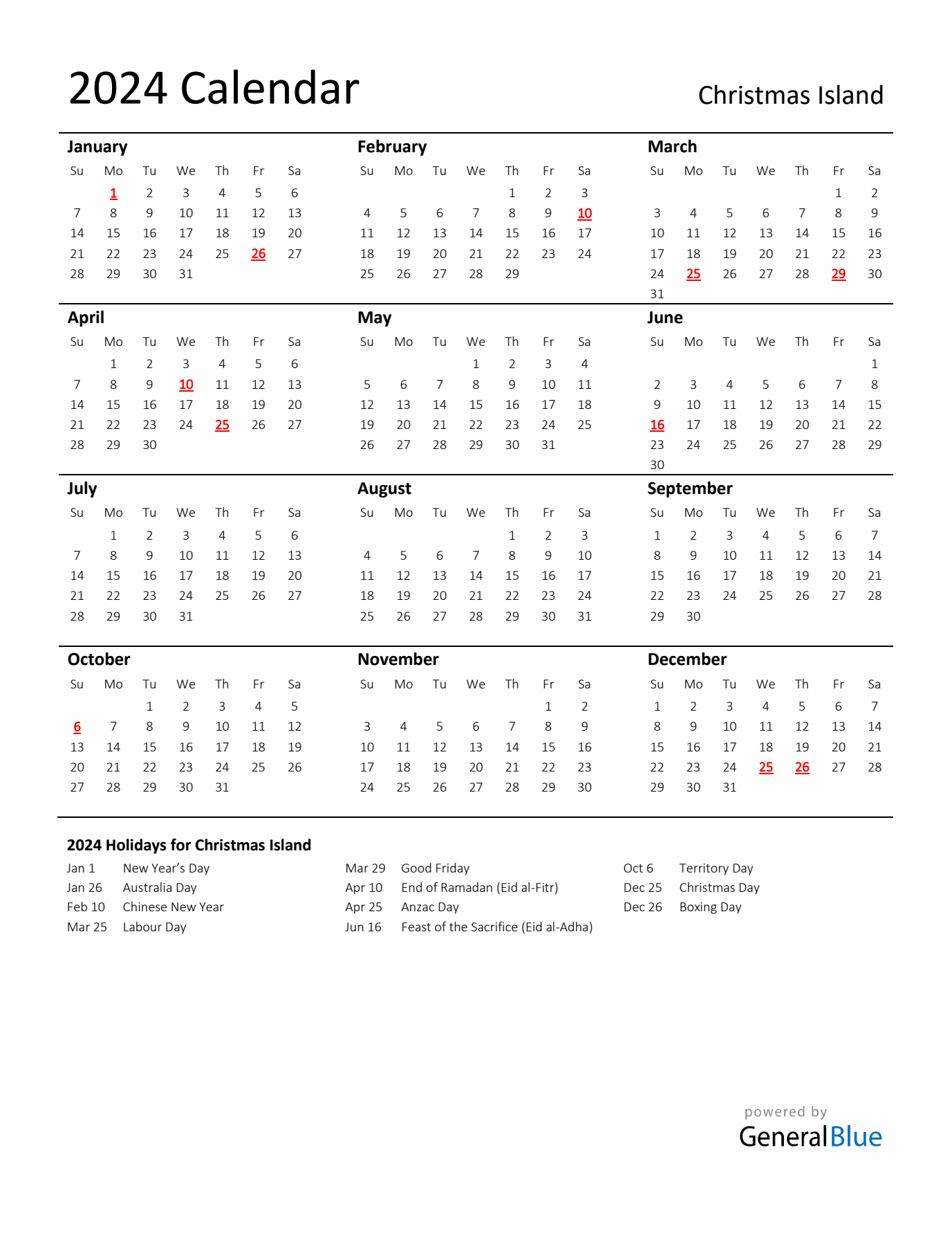 Standard Holiday Calendar for 2024 with Christmas Island Holidays