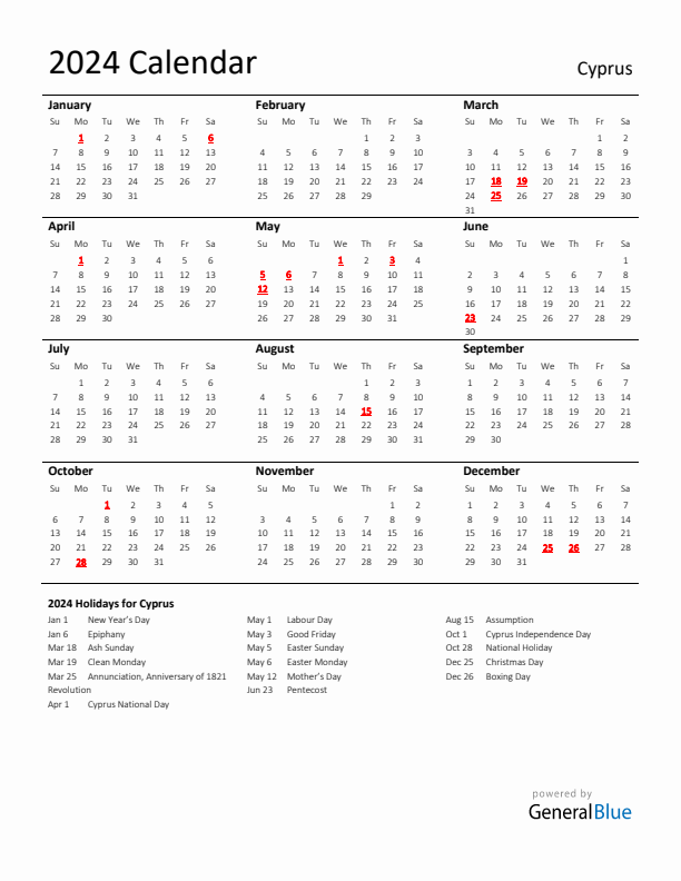 Standard Holiday Calendar for 2024 with Cyprus Holidays