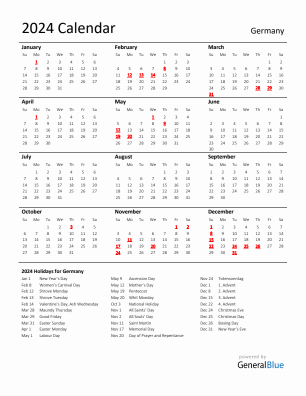 Standard Holiday Calendar for 2024 with Germany Holidays