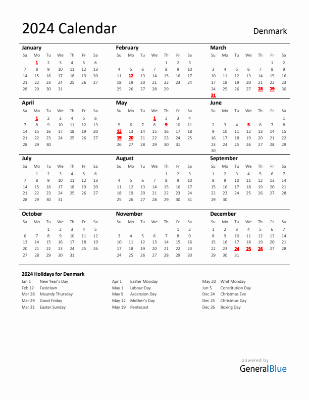 Standard Holiday Calendar for 2024 with Denmark Holidays
