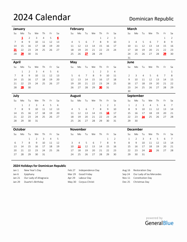 Standard Holiday Calendar for 2024 with Dominican Republic Holidays