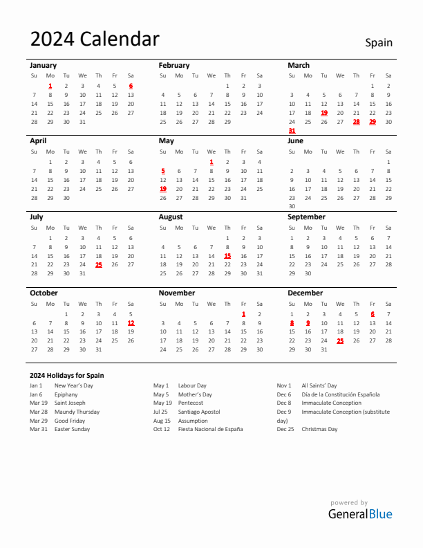 Standard Holiday Calendar for 2024 with Spain Holidays
