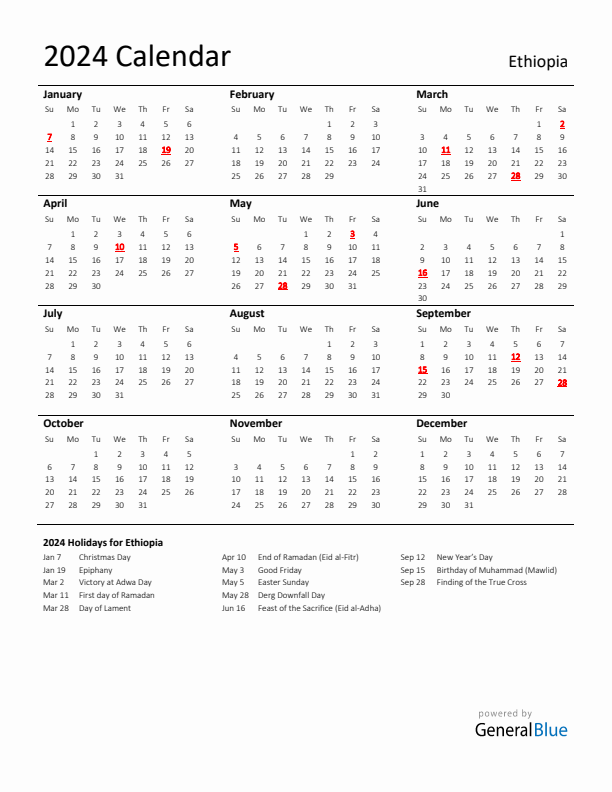 Standard Holiday Calendar for 2024 with Ethiopia Holidays