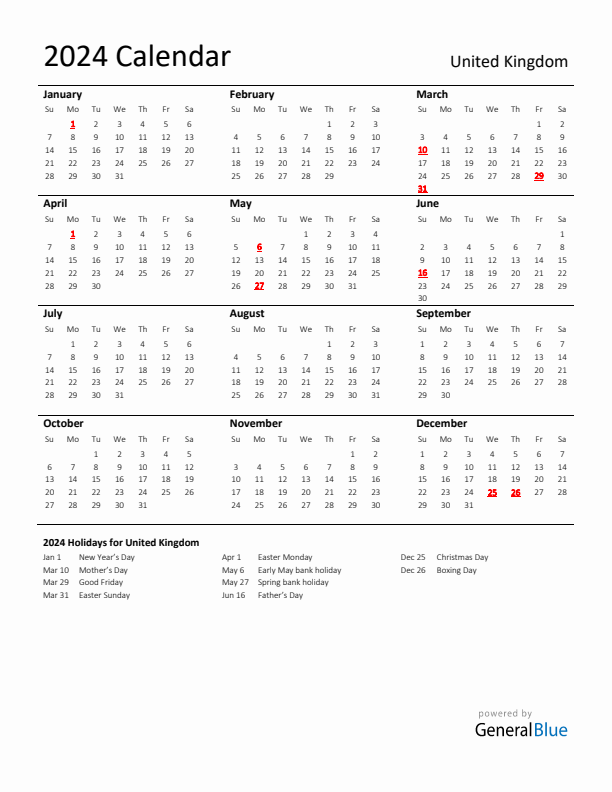 Standard Holiday Calendar for 2024 with United Kingdom Holidays