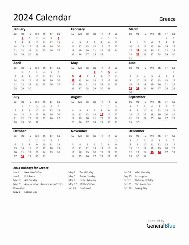 Standard Holiday Calendar for 2024 with Greece Holidays