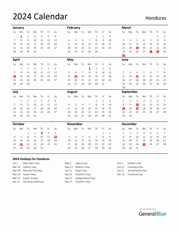 Standard Holiday Calendar for 2024 with Honduras Holidays