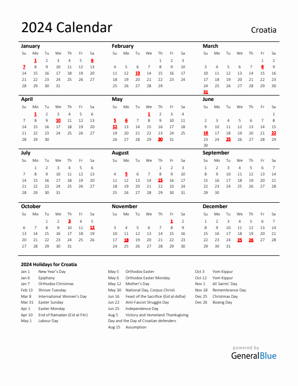 Standard Holiday Calendar for 2024 with Croatia Holidays