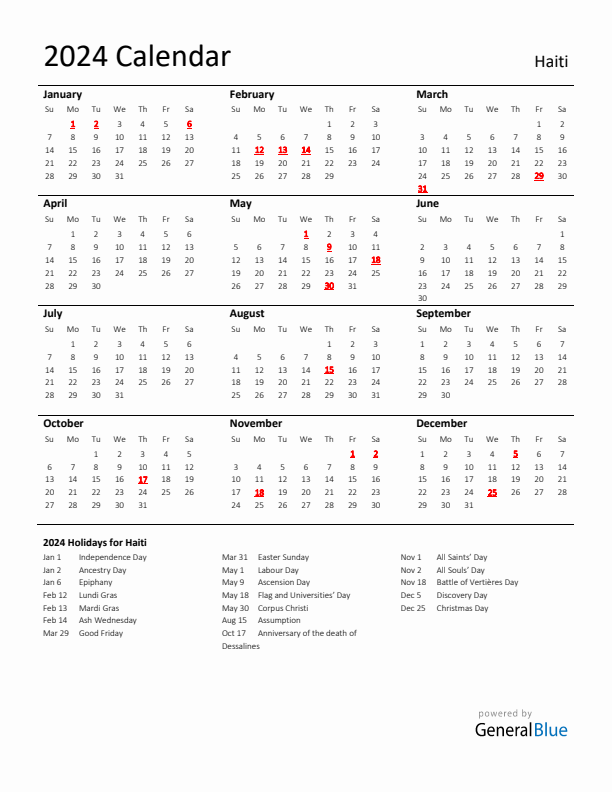 Standard Holiday Calendar for 2024 with Haiti Holidays