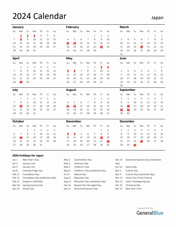 Standard Holiday Calendar for 2024 with Japan Holidays