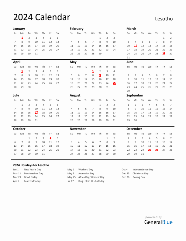 Standard Holiday Calendar for 2024 with Lesotho Holidays