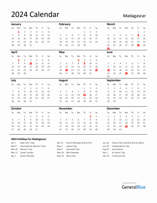 Standard Holiday Calendar for 2024 with Madagascar Holidays