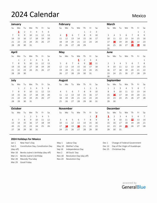 Standard Holiday Calendar for 2024 with Mexico Holidays