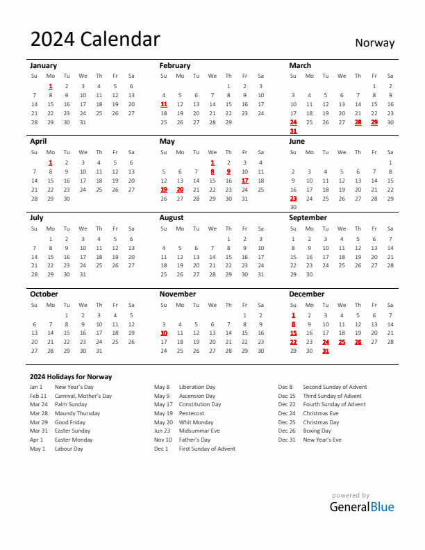 Standard Holiday Calendar for 2024 with Norway Holidays
