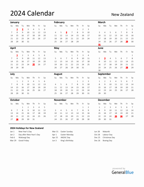 Standard Holiday Calendar for 2024 with New Zealand Holidays