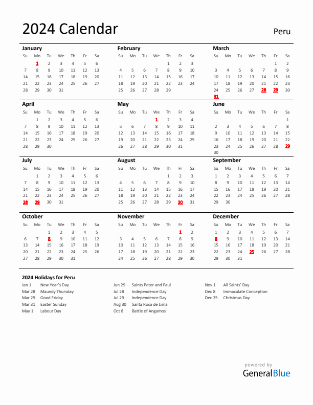 Standard Holiday Calendar for 2024 with Peru Holidays