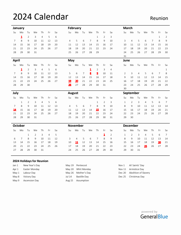 Standard Holiday Calendar for 2024 with Reunion Holidays