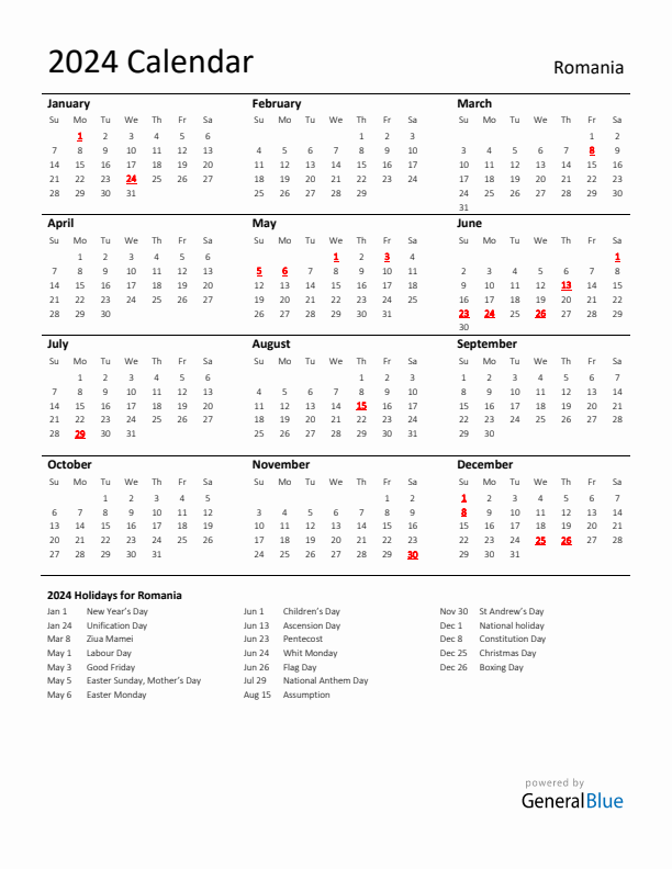 Standard Holiday Calendar for 2024 with Romania Holidays
