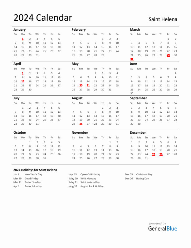 Standard Holiday Calendar for 2024 with Saint Helena Holidays