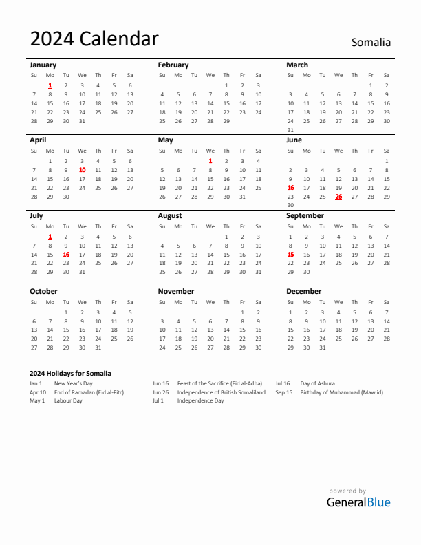 Standard Holiday Calendar for 2024 with Somalia Holidays
