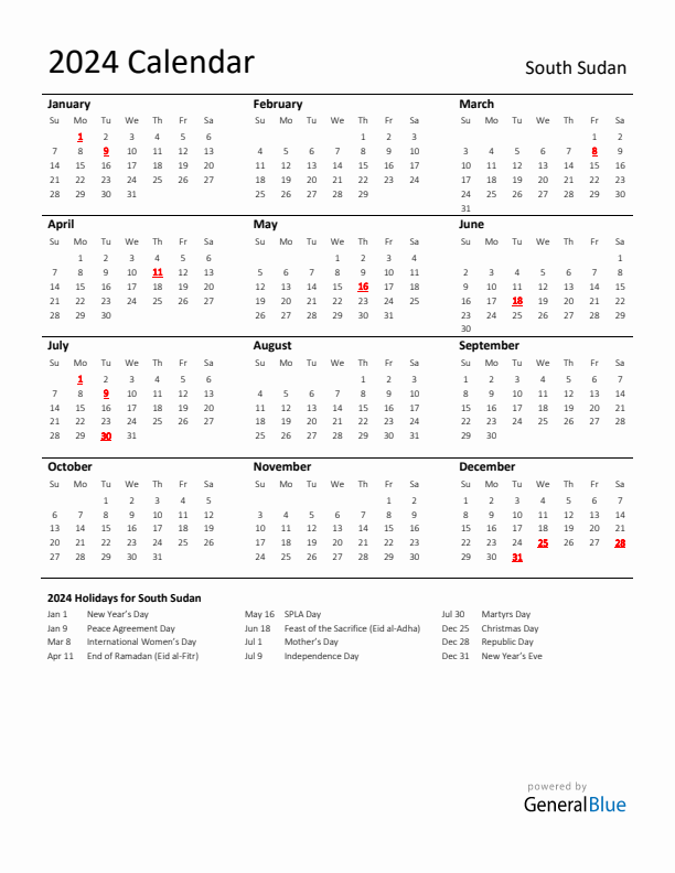 Standard Holiday Calendar for 2024 with South Sudan Holidays