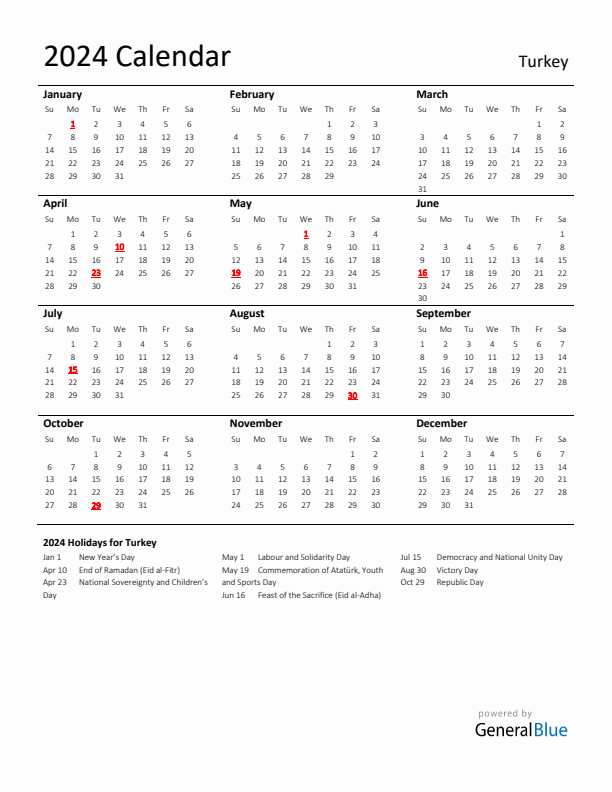 Standard Holiday Calendar for 2024 with Turkey Holidays