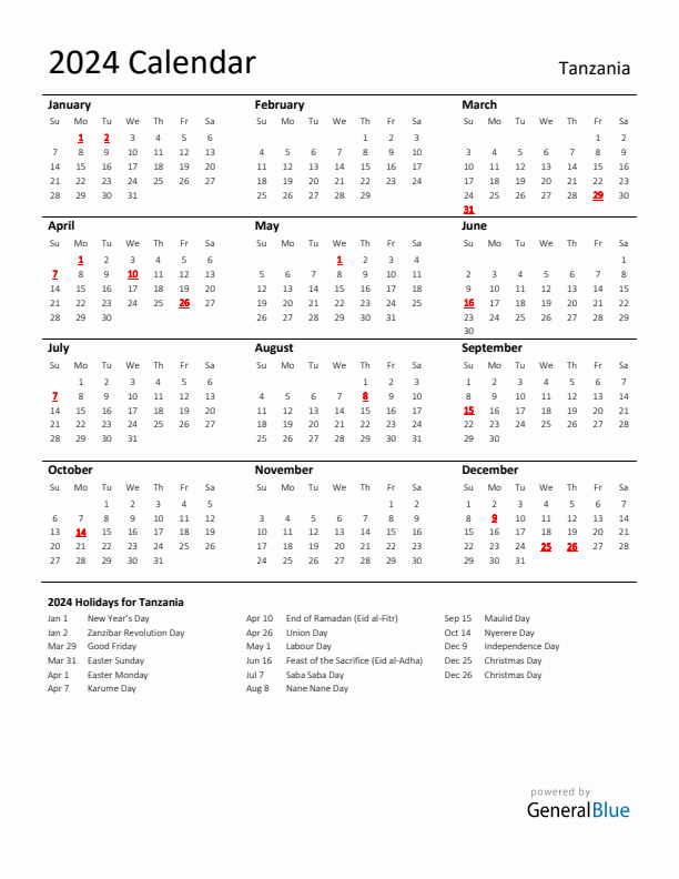 Standard Holiday Calendar for 2024 with Tanzania Holidays