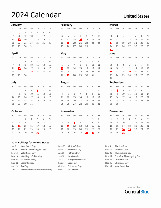Standard Holiday Calendar for 2024 with United States Holidays