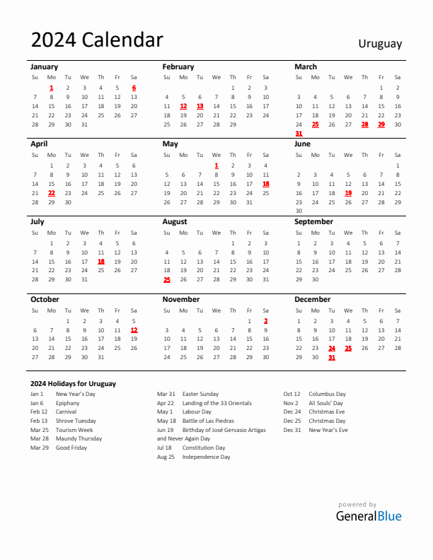 Standard Holiday Calendar for 2024 with Uruguay Holidays