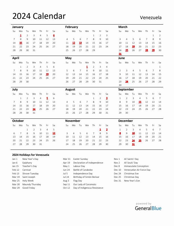 Standard Holiday Calendar for 2024 with Venezuela Holidays