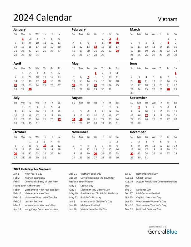 Standard Holiday Calendar for 2024 with Vietnam Holidays