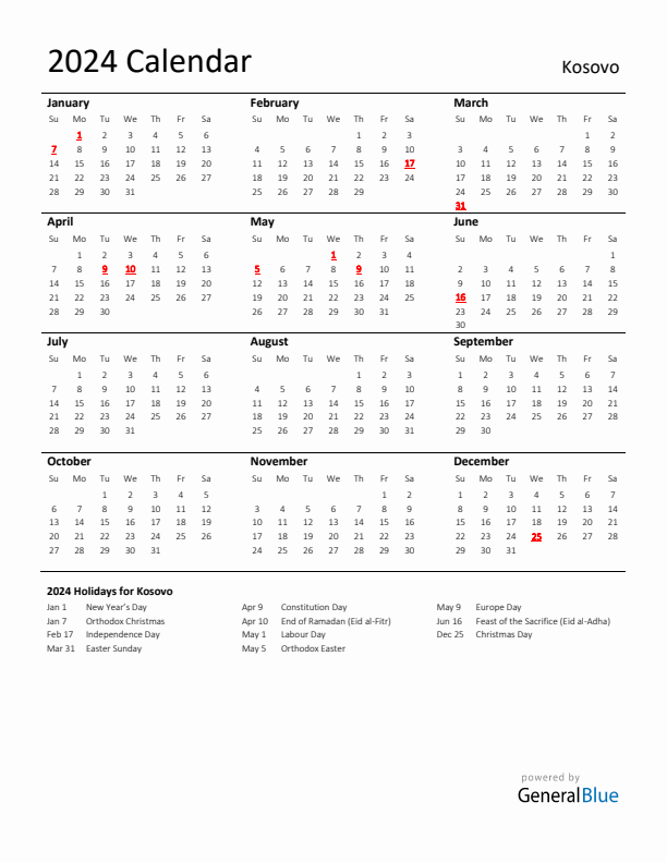 Standard Holiday Calendar for 2024 with Kosovo Holidays