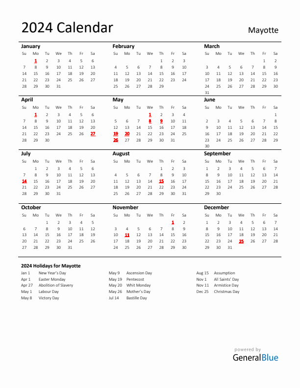 Standard Holiday Calendar for 2024 with Mayotte Holidays