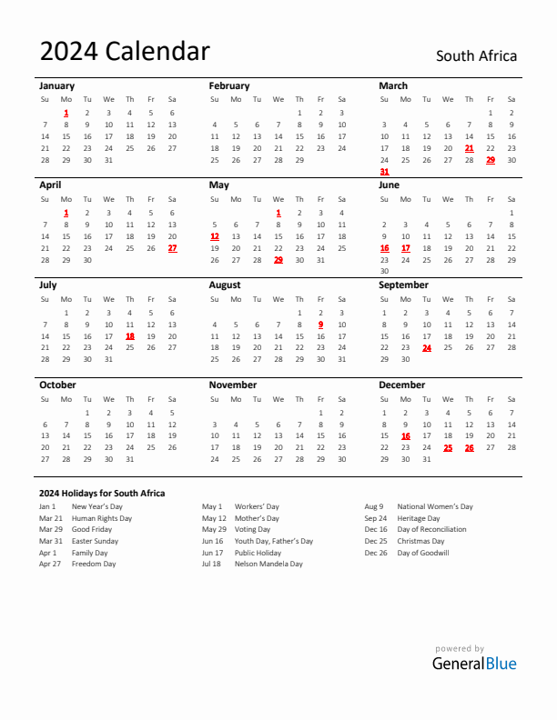 Standard Holiday Calendar for 2024 with South Africa Holidays