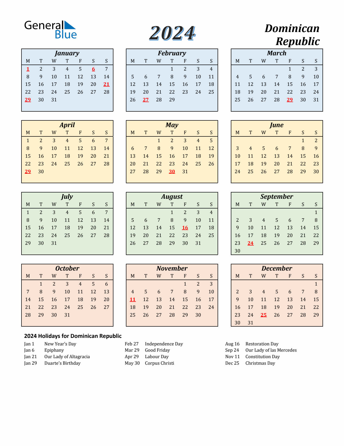 Dominican Republic Calendar 2024 with Monday Start